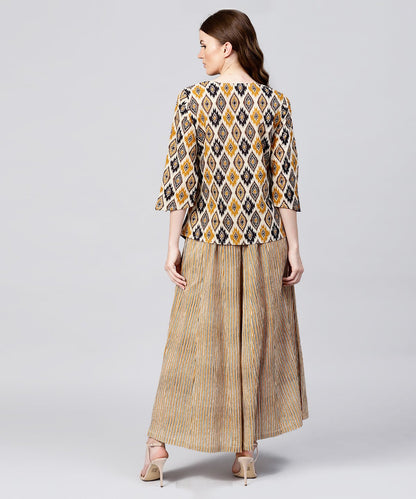 Women's Yellow Printed 3/4Th Sleeve Cotton Assymetric Tops With Striped Flared Skirt
