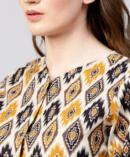 Women's Yellow Printed 3/4Th Sleeve Cotton Assymetric Tops With Striped Flared Skirt