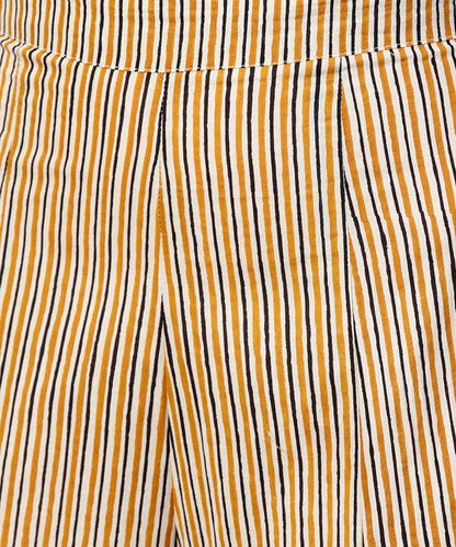 Women's Yellow Printed 3/4Th Sleeve Cotton Assymetric Tops With Striped Flared Skirt