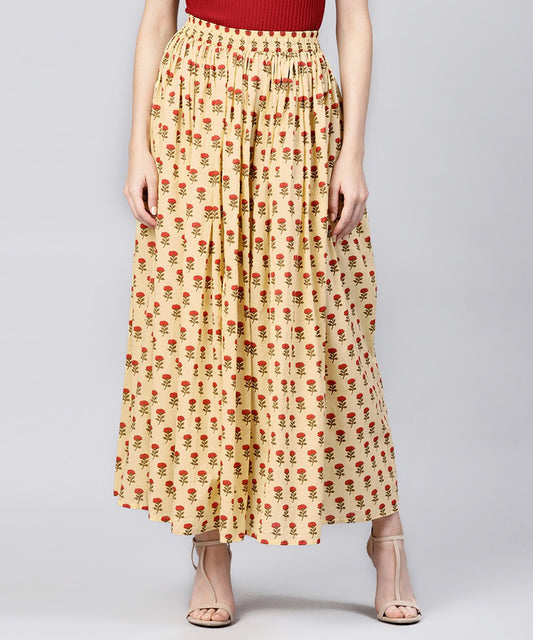 Women's Yellow Printed Cotton Ankle Length Flared Skirt