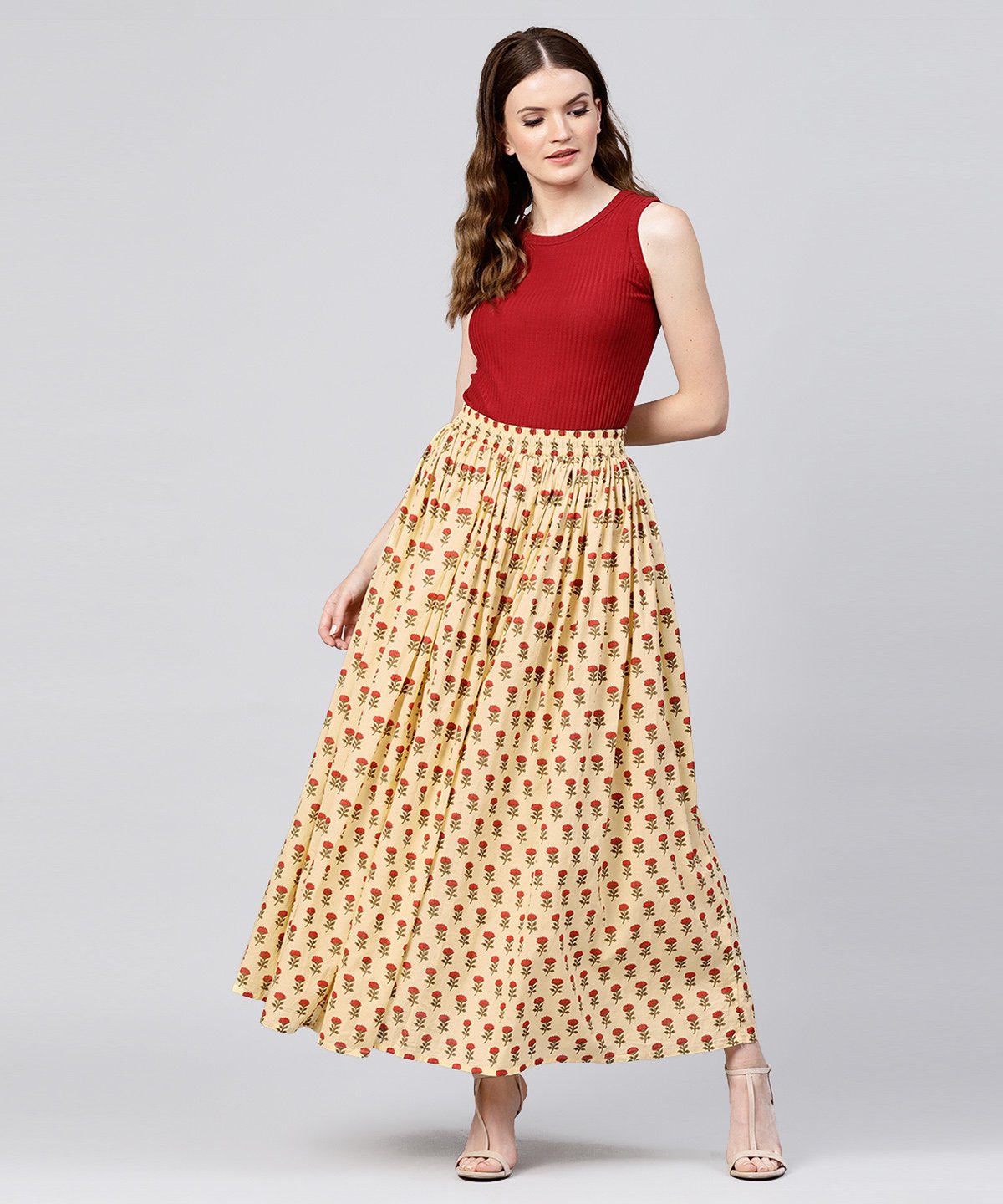 Women's Yellow Printed Cotton Ankle Length Flared Skirt