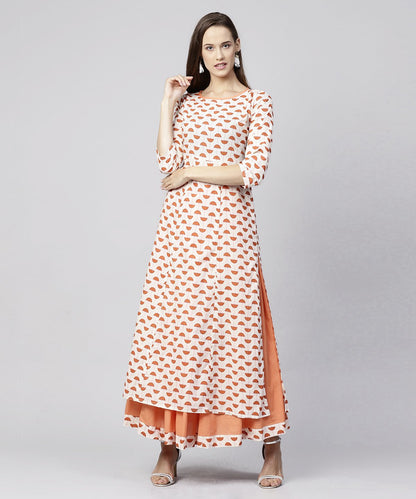 Women's Off White Printed 3/4Th Sleeve Cotton Kurta With Ankle Length Flared Skirt