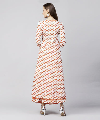 Women's Off White Printed 3/4Th Sleeve Cotton Kurta With Ankle Length Flared Skirt