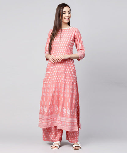 Women's Peach Printed 3/4Th Sleeve Cotton Kurta With Ankle Length Printed Pallazo