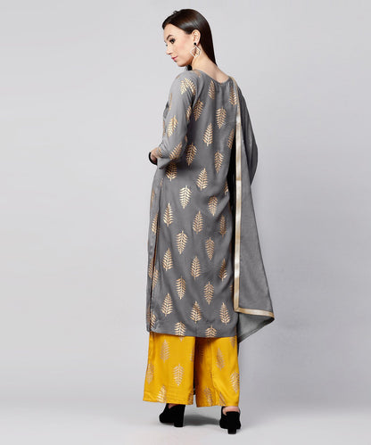 Women's Grey Printed 3/4Th Sleeve Cotton Kurta With Yellow Printed Pallazo And Grey Dupatta