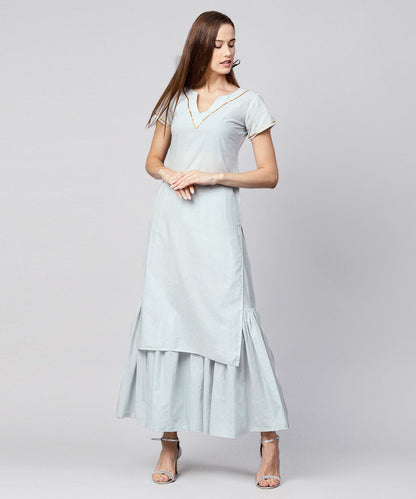 Women's Grey Solid Cap Sleeve Cotton Kurta With Grey Sharara