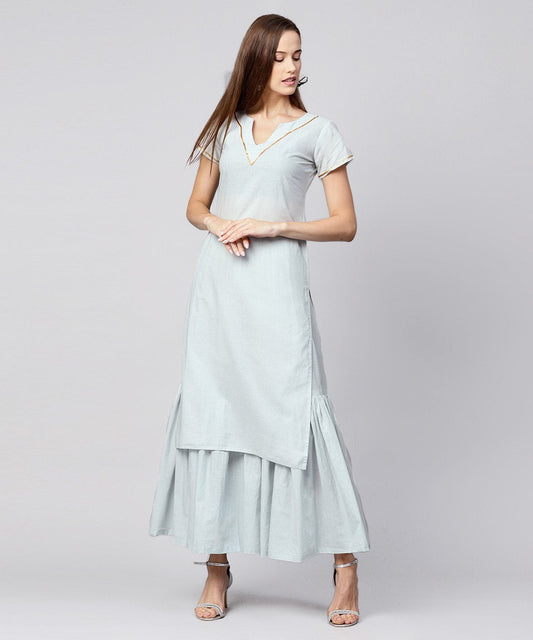 Women's Grey Solid Cap Sleeve Cotton Kurta With Grey Sharara