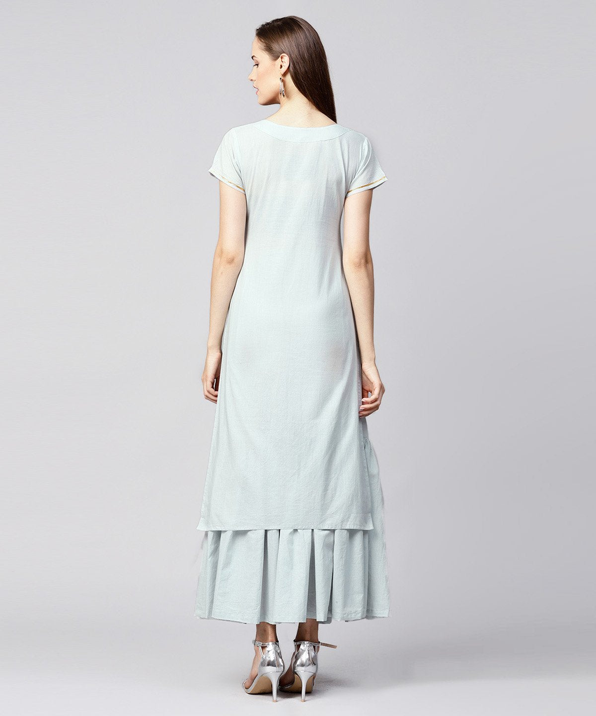 Women's Grey Solid Cap Sleeve Cotton Kurta With Grey Sharara