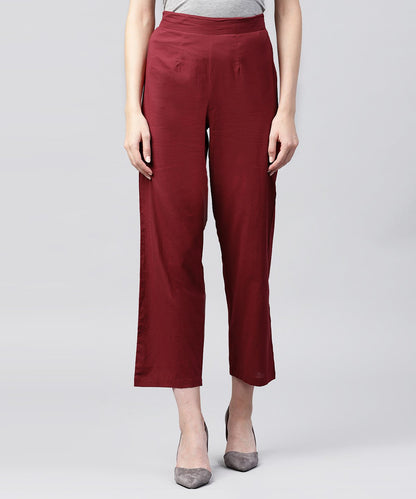 Women's Solid Maroon Ankle Length Cotton Regular Fit Trouser