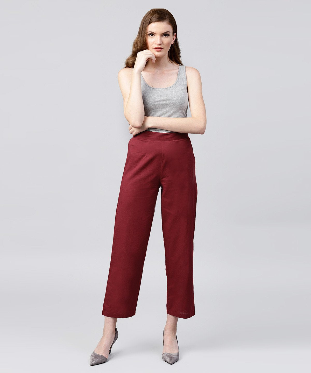 Women's Solid Maroon Ankle Length Cotton Regular Fit Trouser