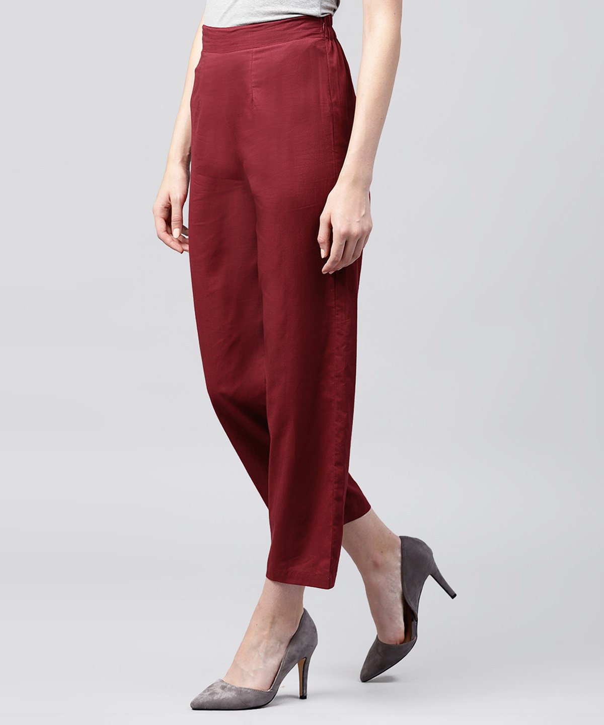 Women's Solid Maroon Ankle Length Cotton Regular Fit Trouser