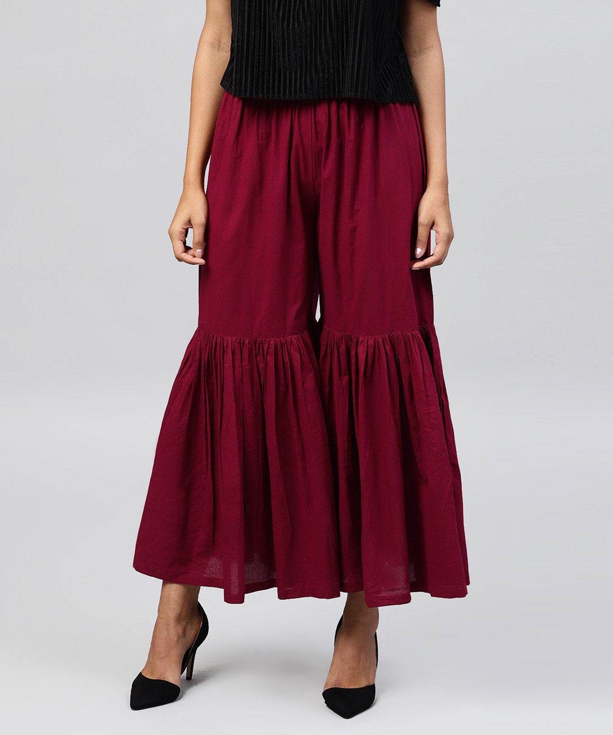 Women's Solid Maroon Cotton Ankle Length Sharara
