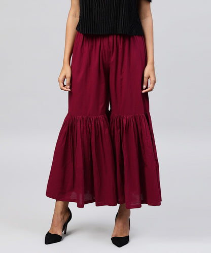 Women's Solid Maroon Cotton Ankle Length Sharara