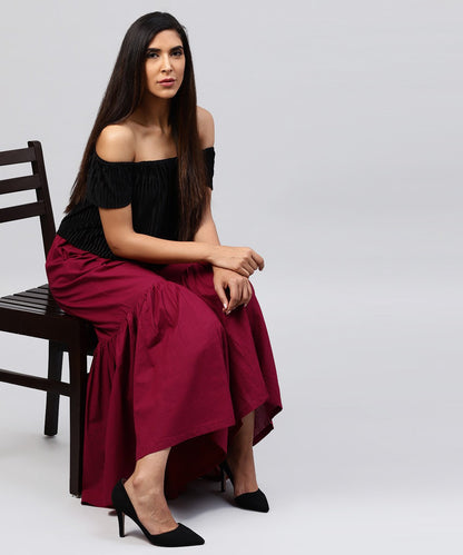 Women's Solid Maroon Cotton Ankle Length Sharara