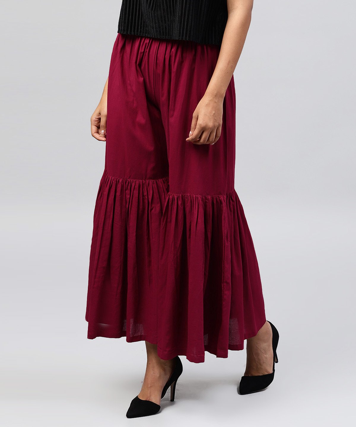 Women's Solid Maroon Cotton Ankle Length Sharara