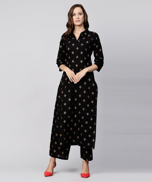 Women's Black Printed 3/4Th Sleeve Cotton Kurta With Printed Pallazo