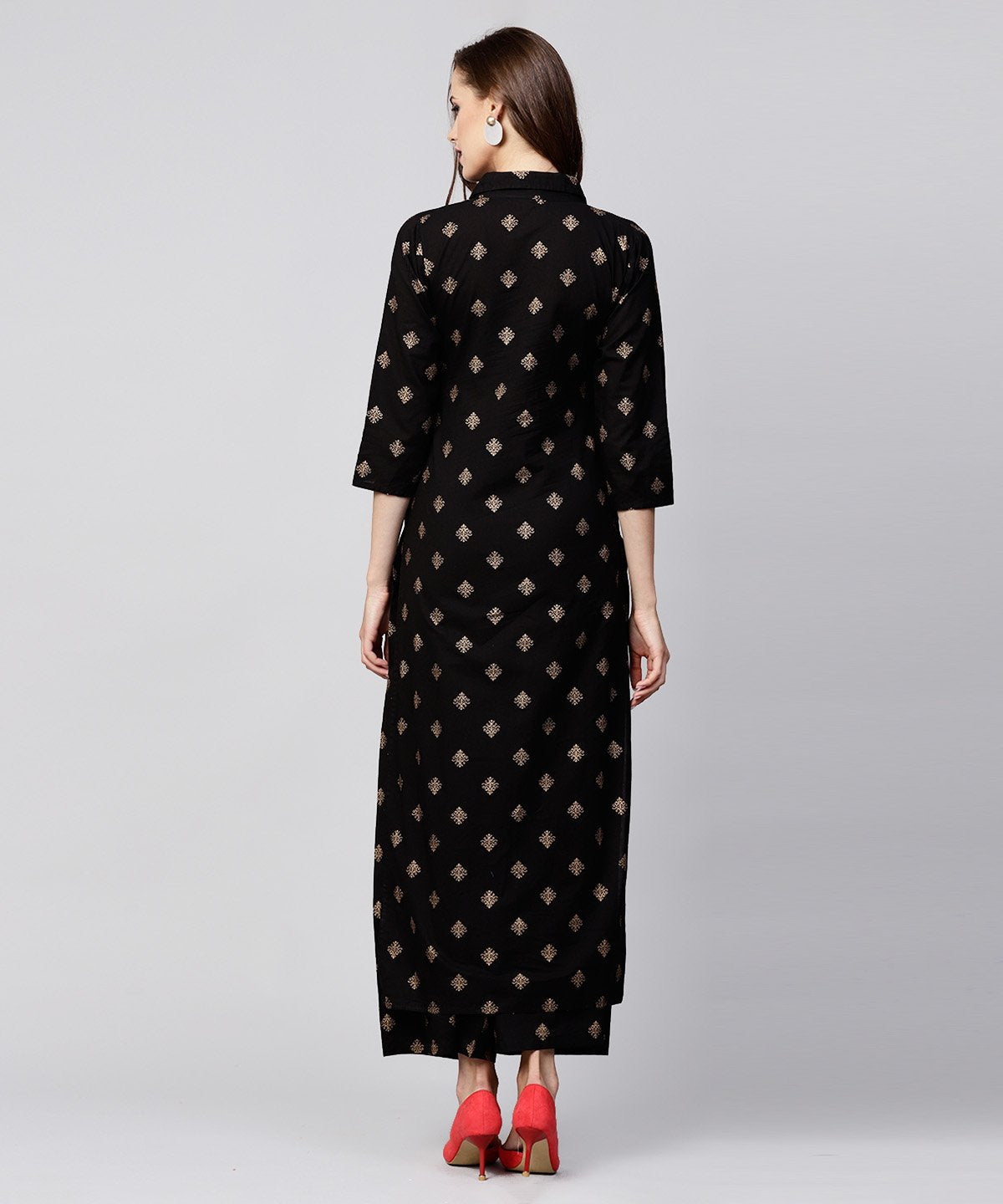 Women's Black Printed 3/4Th Sleeve Cotton Kurta With Printed Pallazo