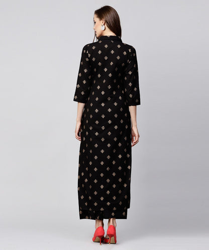 Women's Black Printed 3/4Th Sleeve Cotton Kurta With Printed Pallazo