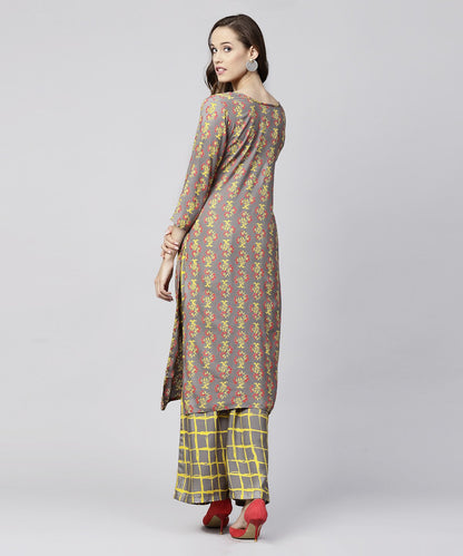 Women's Grey Printed 3/4Th Sleeve Cotton Kurta With Grey Checked Pallazo