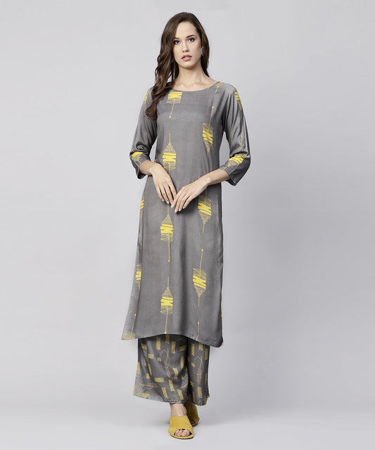 Women's Grey Printed 3/4Th Sleeve Cotton Kurta With Grey Printed Pallazo