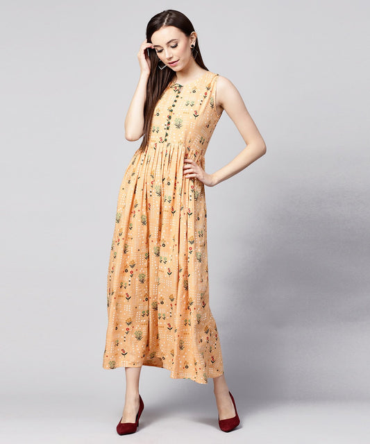 Women's Yellow Printed Sleeveless Rayon A-Line Maxi Dress With Button  In Yokr