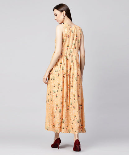 Women's Yellow Printed Sleeveless Rayon A-Line Maxi Dress With Button  In Yokr