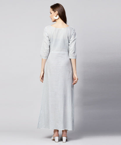 Women's Blue Striped 3/4Th Sleeve Cotton A-Line Maxi Dress