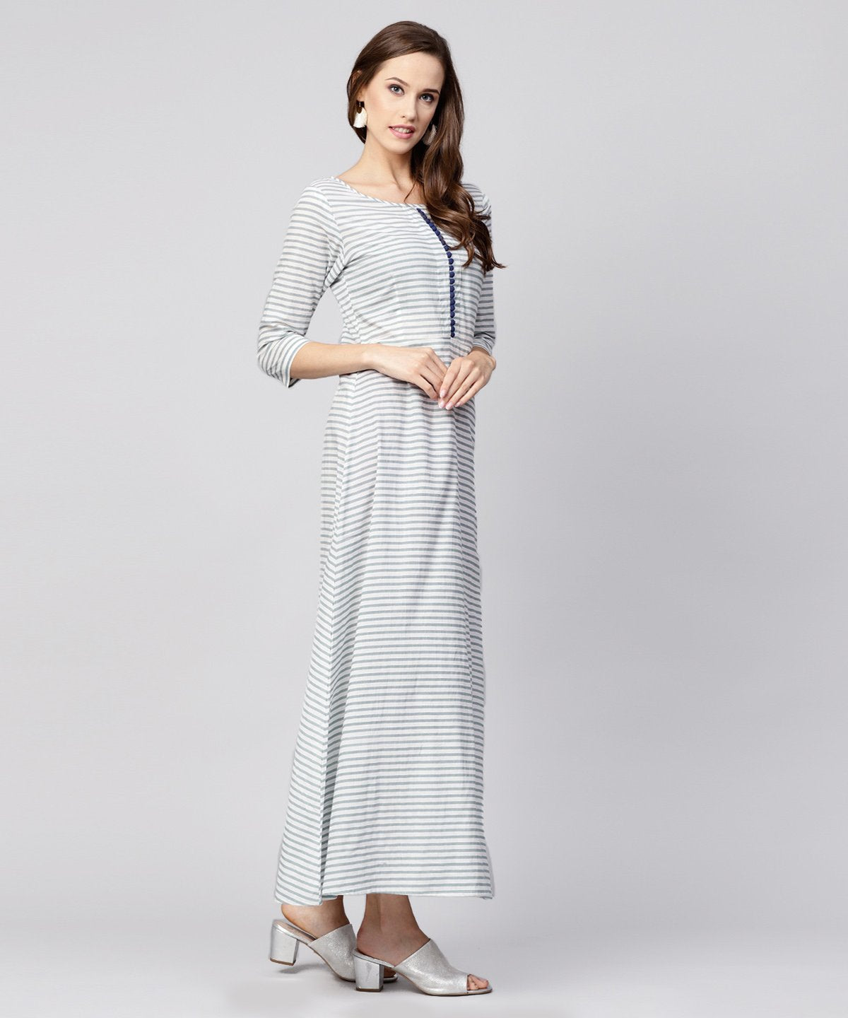 Women's Blue Striped 3/4Th Sleeve Cotton A-Line Maxi Dress