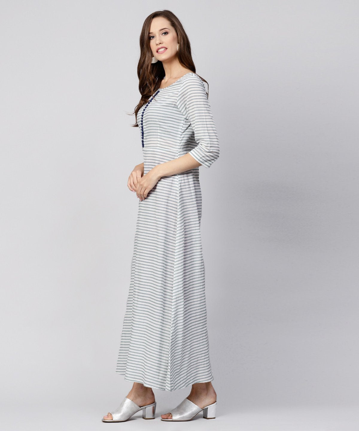 Women's Blue Striped 3/4Th Sleeve Cotton A-Line Maxi Dress