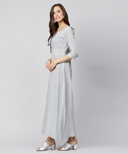 Women's Blue Striped 3/4Th Sleeve Cotton A-Line Maxi Dress
