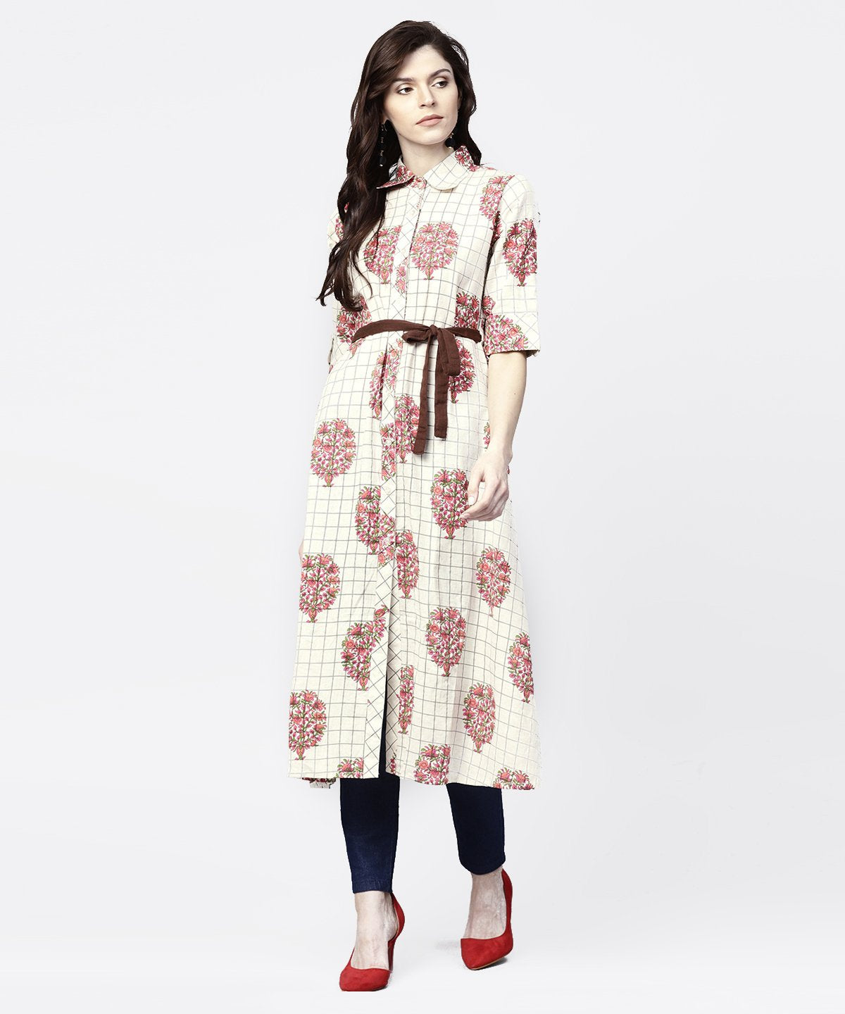 Women's White Check Printed Half Sleeve Front Open Tunic With Belt