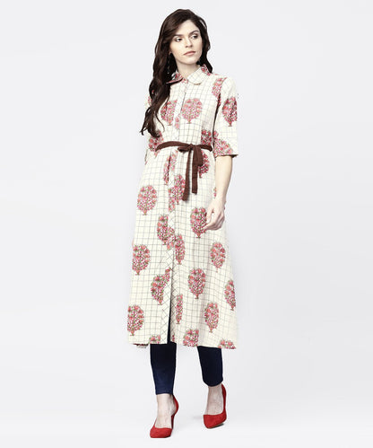 Women's White Check Printed Half Sleeve Front Open Tunic With Belt