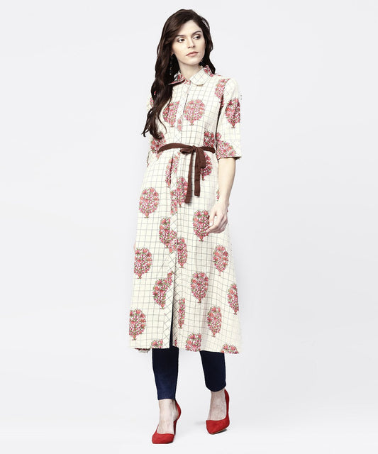 Women's White Check Printed Half Sleeve Front Open Tunic With Belt