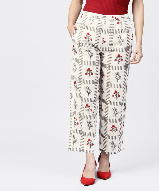 Women's Off White Printed Ankle Length Regular Fit Pallazo