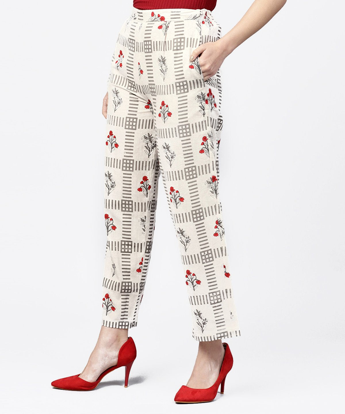 Women's Off White Printed Ankle Length Regular Fit Pallazo