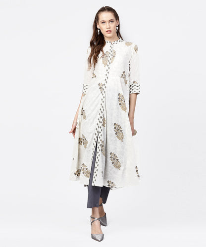 Women's White Printed 3/4Th Sleeve A-Line Kurta With Grey Solid Dye Palazzo