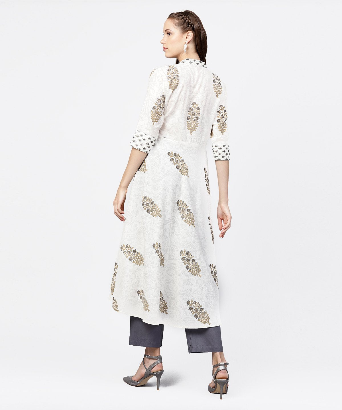 Women's White Printed 3/4Th Sleeve A-Line Kurta With Grey Solid Dye Palazzo