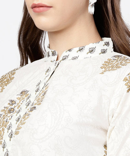 Women's White Printed 3/4Th Sleeve A-Line Kurta With Grey Solid Dye Palazzo