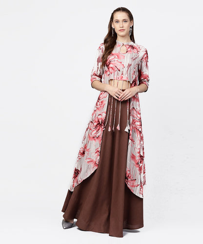 Women's Grey Printed Key Hole 3/4Th Sleeve Front Slit Assymetrical Kurta With Solid Brown Skirt