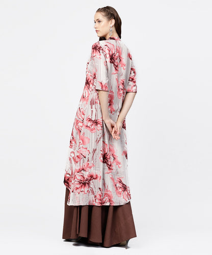Women's Grey Printed Key Hole 3/4Th Sleeve Front Slit Assymetrical Kurta With Solid Brown Skirt