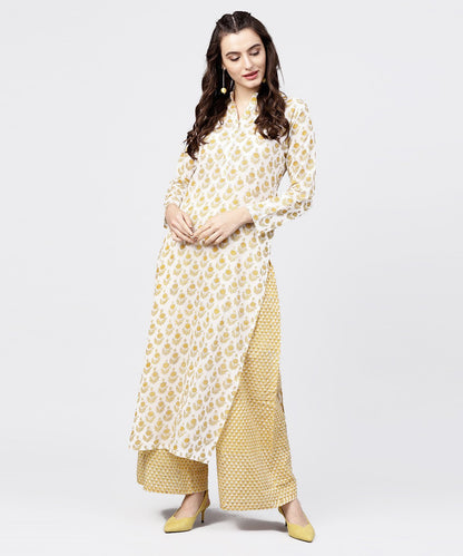 Women's Yellow Printed 3/4Th Sleeve Straight Kurta With Printed Palazzo Set