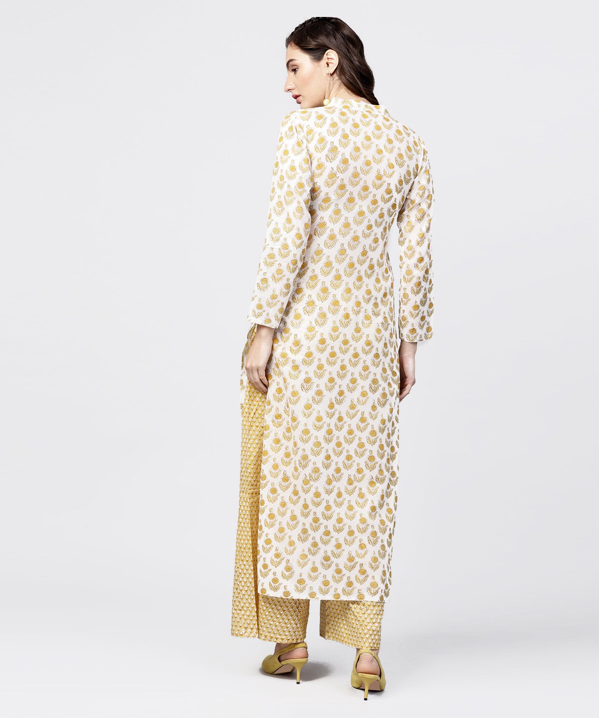 Women's Yellow Printed 3/4Th Sleeve Straight Kurta With Printed Palazzo Set