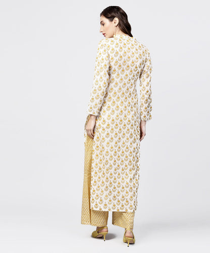 Women's Yellow Printed 3/4Th Sleeve Straight Kurta With Printed Palazzo Set