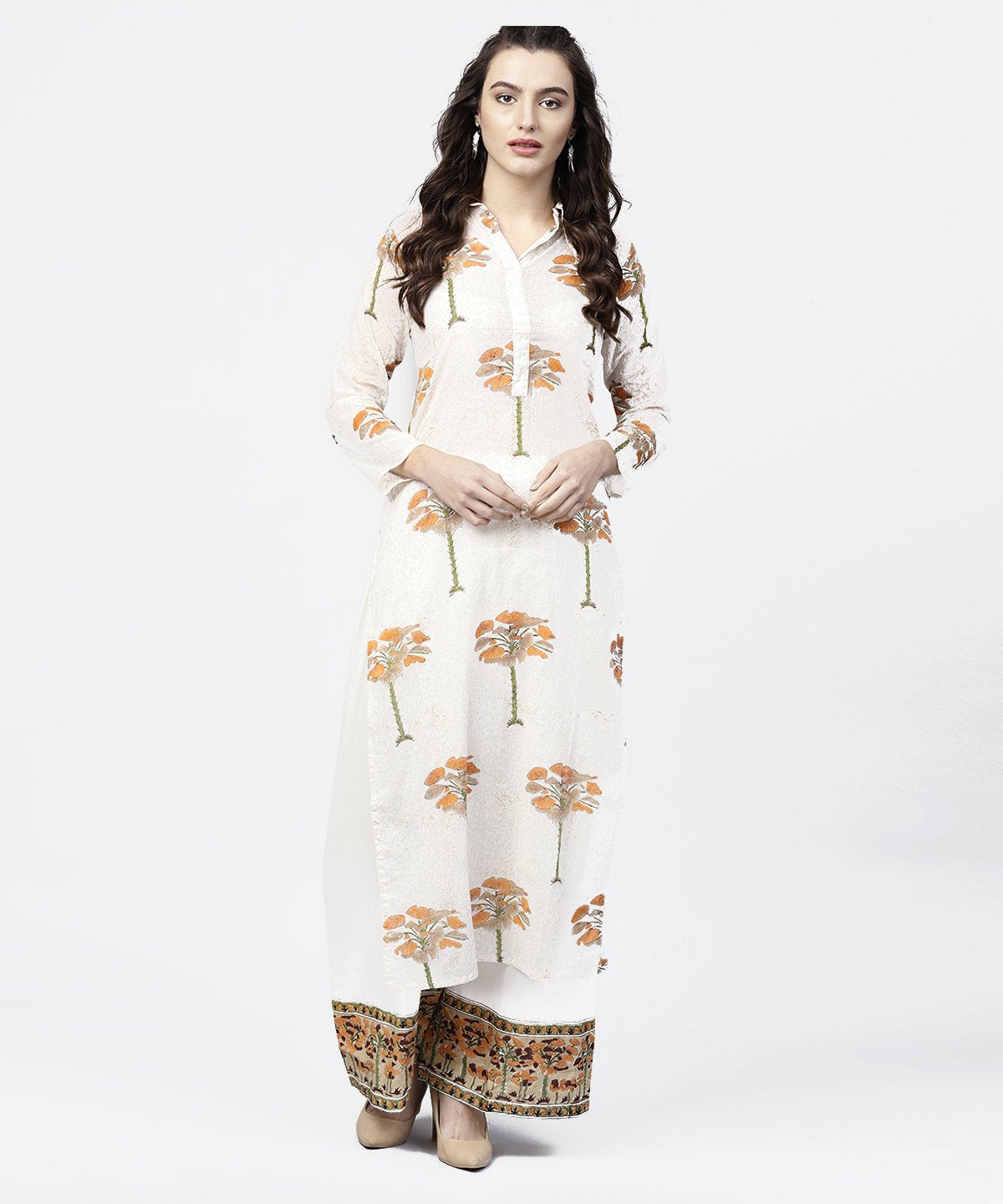 Women's Off White Printed 3/4Th Sleeve Straight Kurta With Printed Palazzo Set