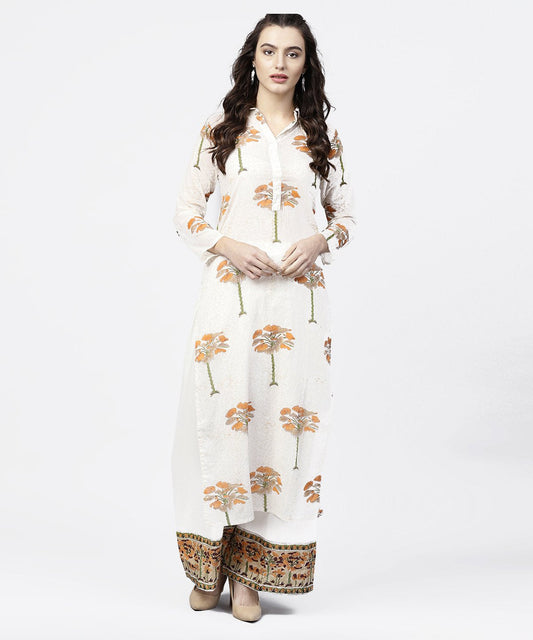 Women's Off White Printed 3/4Th Sleeve Straight Kurta With Printed Palazzo Set