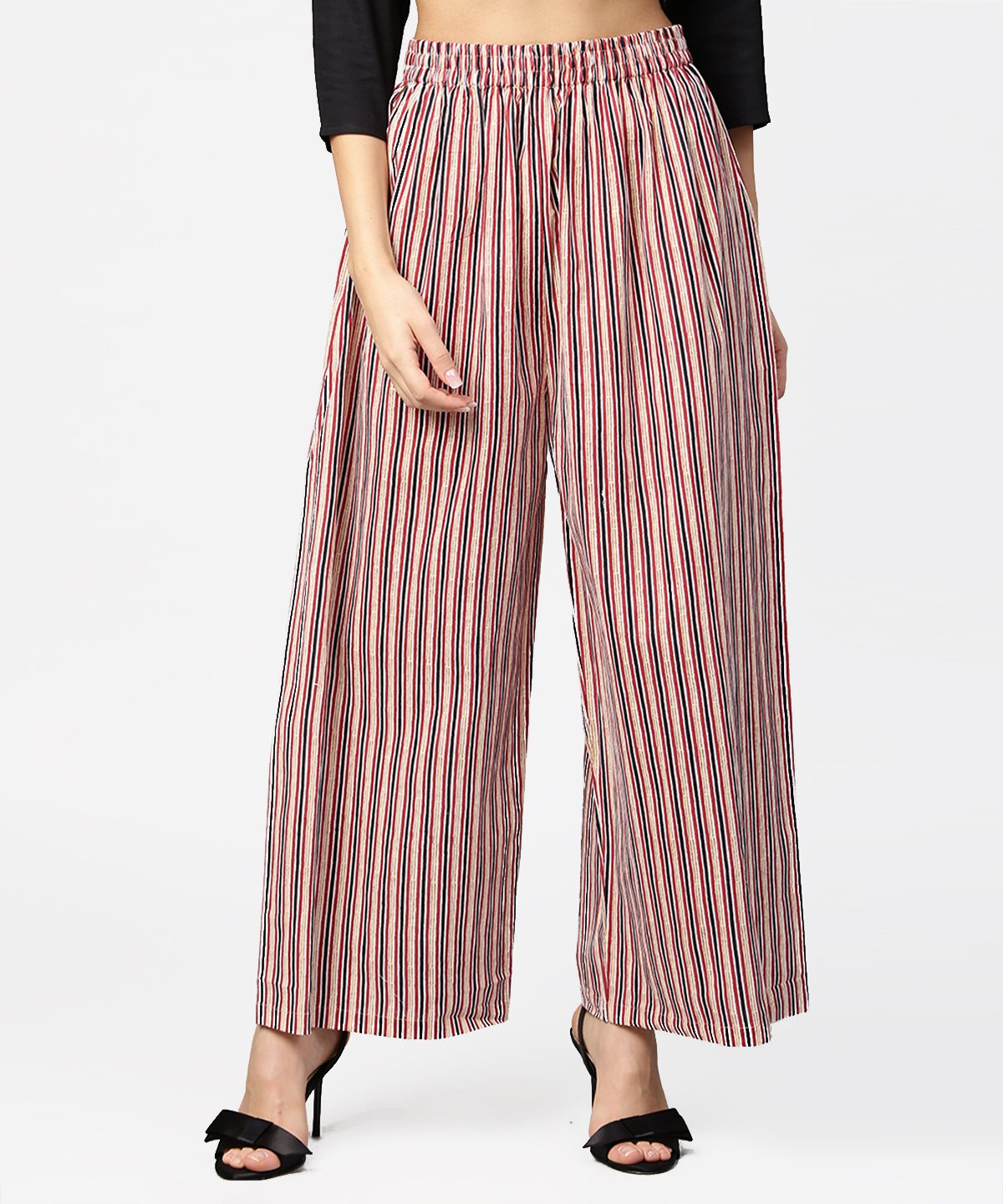 Women's Blue Striped Printed Ankle Length Cotton Regular Fit Palazzo