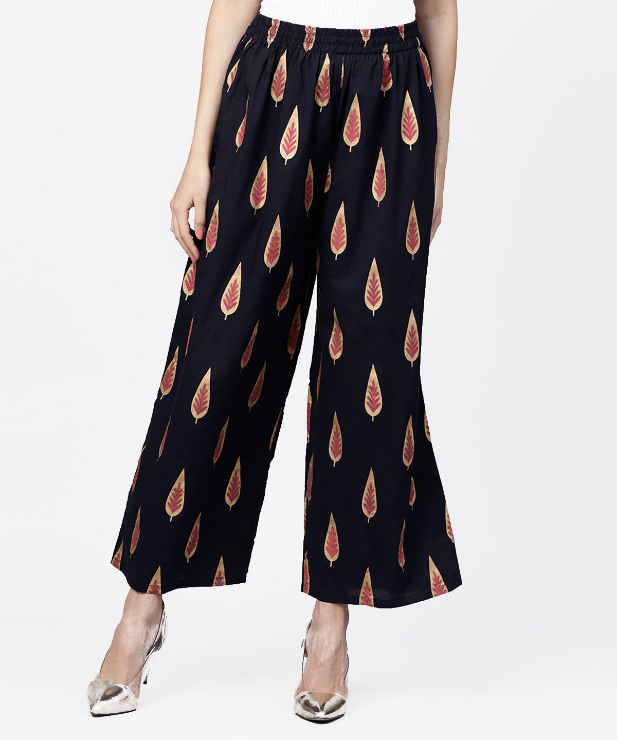 Women's Navy Blue Gold Printed Ankle Length Palazzo