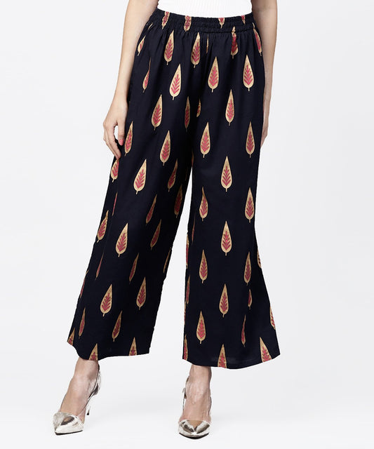 Women's Navy Blue Gold Printed Ankle Length Palazzo