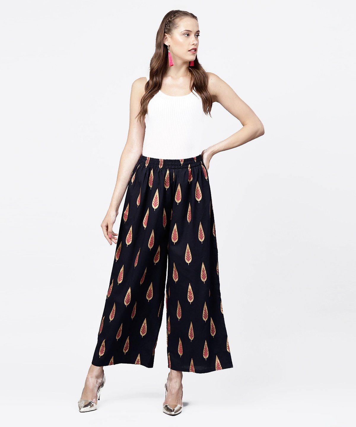 Women's Navy Blue Gold Printed Ankle Length Palazzo