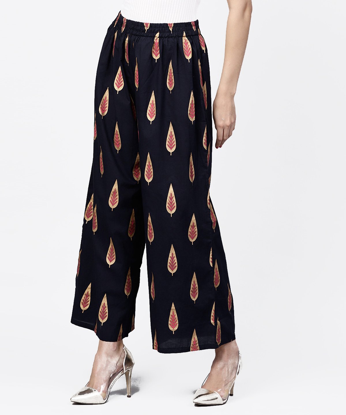 Women's Navy Blue Gold Printed Ankle Length Palazzo
